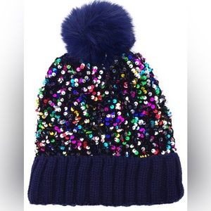 Navy Sparkly Beanie with Faux Fur Pompom